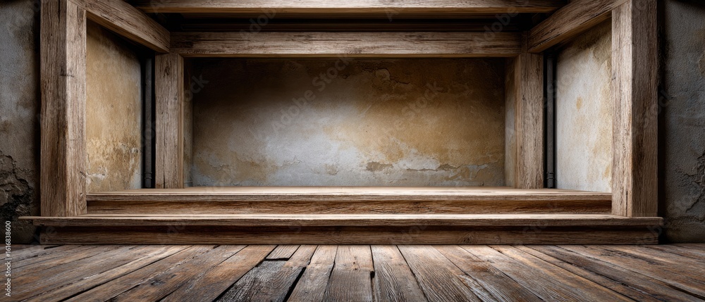Aufkleber empty stage artistry concept. empty rustic wooden display shelf with textured wall backdrop.