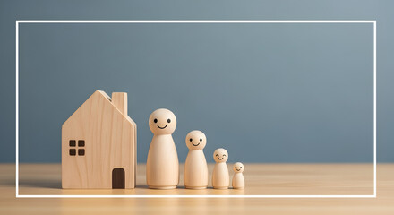 Wooden house and family figures arranged on a wooden surface, symbolizing home and togetherness.