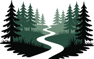 Obraz premium Winding Path Through Forest with Evergreen Trees Silhouette