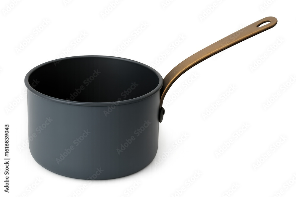 Poster 3d rendering of a small, empty modern saucepan with a long copper handle, isolated on a transparent 