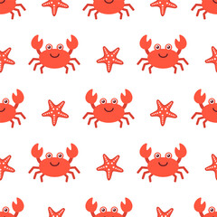 Playful and colorful seamless pattern featuring red cartoon crabs and starfish. For summer textile, printing packaging, background, wallpaper, fabric, kids, ocean, sea design. Hand drawn. Flat vector. © Julia Preskurel