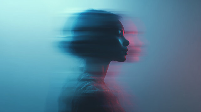 A blurred silhouette of a young woman with short hair against a gradient of blue and red light. The image conveys themes of identity and technology.