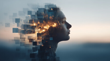 A profile of a young woman with a digital, fragmented appearance. The background features a soft gradient of colors, symbolizing AI and identity.
