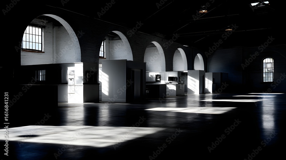 Poster sunlight streams into an empty industrial space.