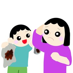 汚れた服を持ってくる子供と困る主婦