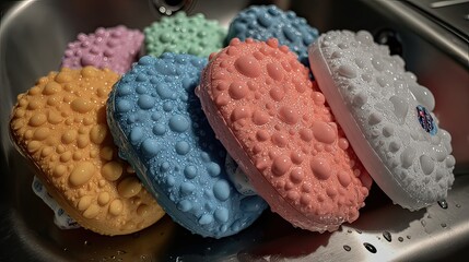 Colorful bubbly bath soaps in kitchen sink