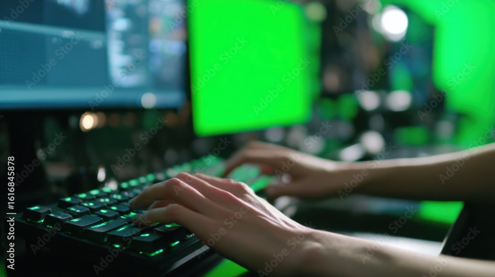 Poster medium shot portrait of a digital artist working at a sleek console using ai greenscreen keyer to re