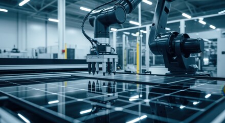 Robotic arm placing photovoltaic cells onto glass sheets in manufacturing plant