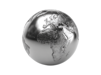 Metallic globe earth chrome shiny world map. Isolated On Transparent Background