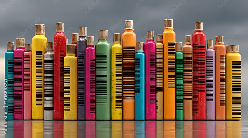 Poster colorful containers with barcode labels arranged in a row.