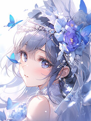 Fantasy Girl with Blue Flowers and Butterflies
青い花飾りと蝶の幻想的な美少女