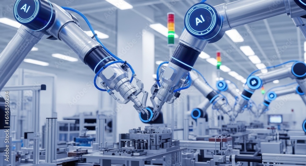 Poster closeup of aipowered machines performing precision assembly tasks in a clean factory