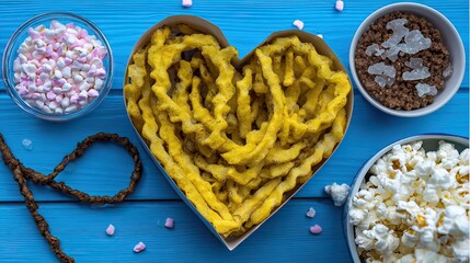 Heart-shaped fries, popcorn, sweets, blue wood