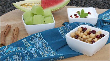 Outdoor summer fruit, grain, yogurt platter