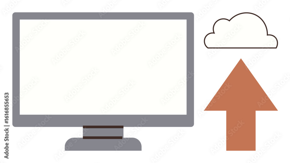 Poster computer monitor, cloud, and upward arrow symbolizing data upload, cloud storage, and digital connec