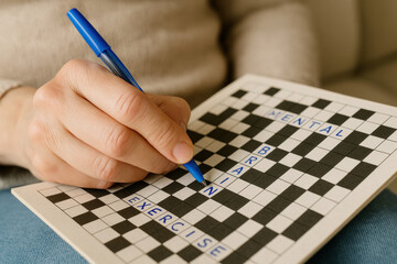 Mental Exercise: Woman solving a crossword puzzle, brain training, lifestyle, Photo