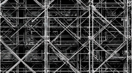 Abstract black and white artwork featuring intricate metal frameworks and intersecting lines