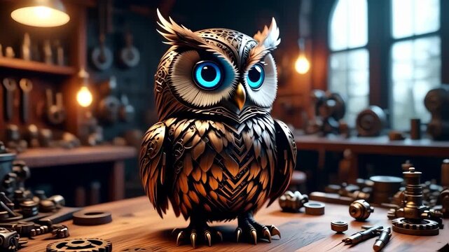 Majestic Steampunk Owl with Glowing Blue Eyes Comes to Life in an Inventor's Workshop