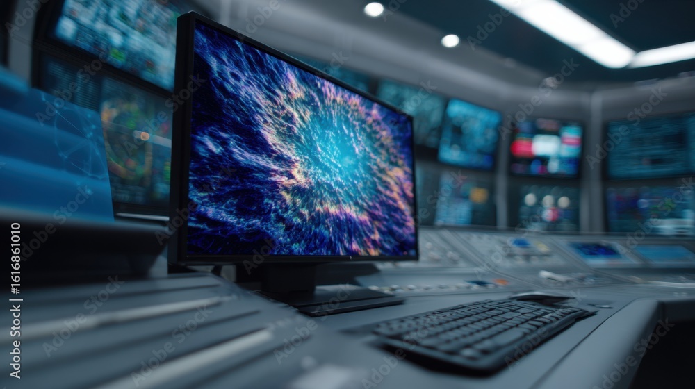 Poster medium shot of a futuristic workstation with a vivid hyperreal scenery plate on the main monitor in 