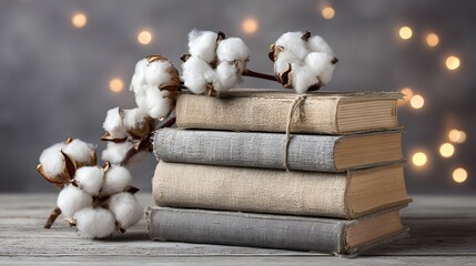 Stacked books with cotton flowers on a wooden surface.
