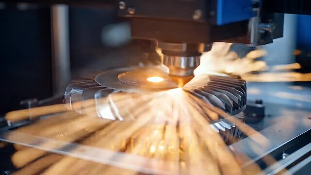 Cinematic macro shot of a CNC laser cutting a metal turbine part with bright sparks, showing precision manufacturing and industrial technology.