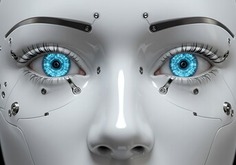 Close-up of a futuristic robot face with glowing blue eyes. Generative Ai