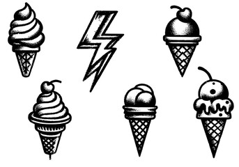 Monochrome Ice Cream Delights, A collection of artistic ice cream cones in black and white