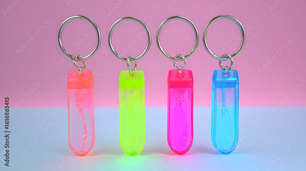Poster four colorful keychains in a row.