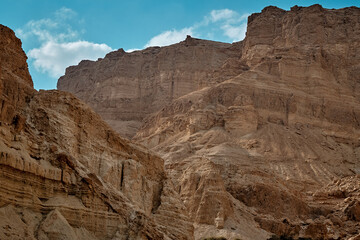 Scenic view of the rocky mountains in the Negev Desert, Israel, near the Dead Sea. A wild Nubian...