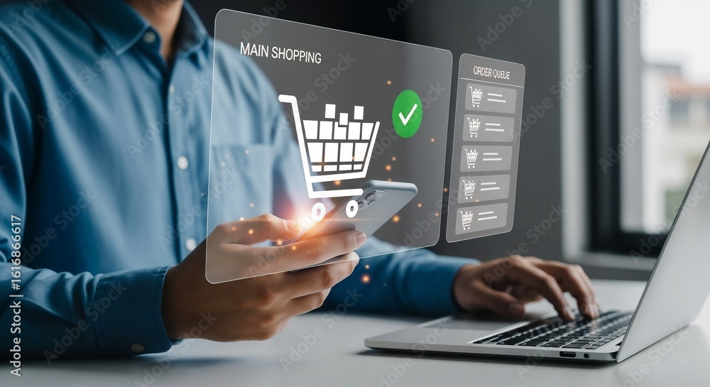 Poster a man uses a smartphone and laptop to manage online purchases. a futuristic holographic display from