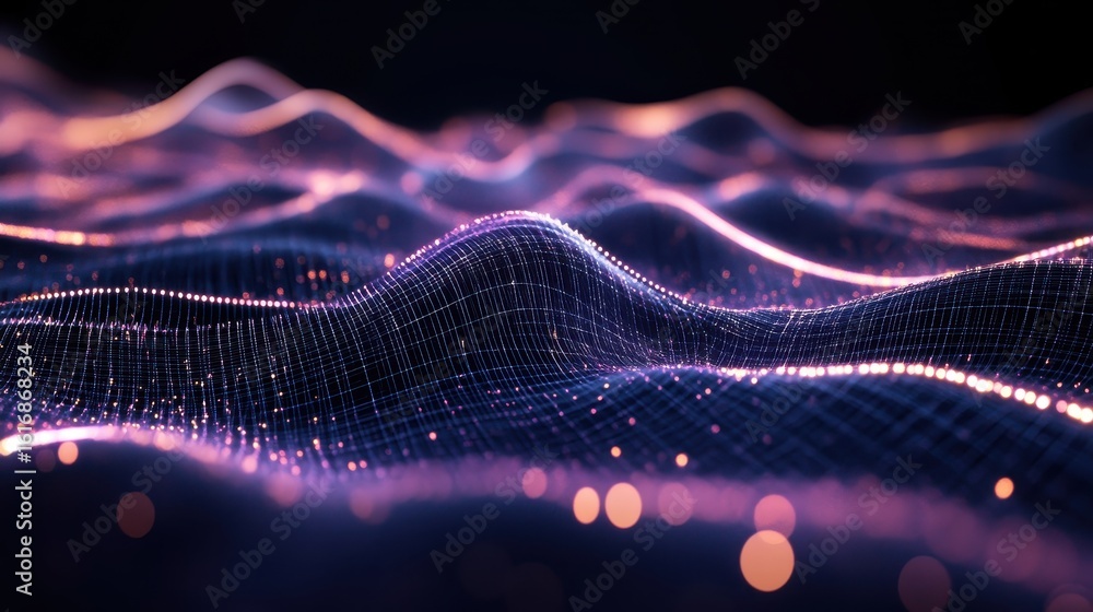 Poster abstract ai data wave with particles and grid lines