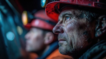 Obraz premium Underground coal shaft medium shot captures two cage operators reviewing shift logs their determined faces clear while surrounding tunnel walls and safety gear fade softly into