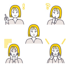 若い女性の表情イラストセット