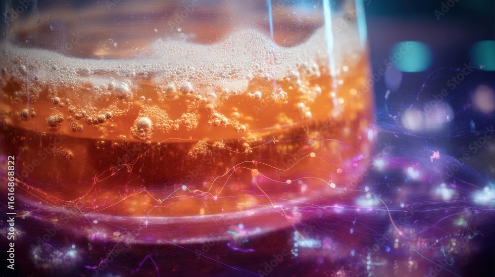 Poster glass vessel containing fermenting kombucha, displaying colorful layers and bubbles, surrounded by s