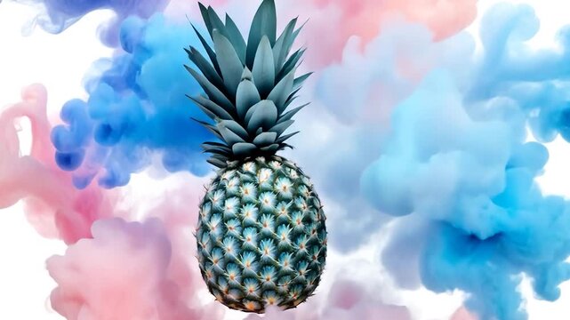 A single pineapple nestled amidst pastel-colored ink clouds, a vibrant and surreal composition