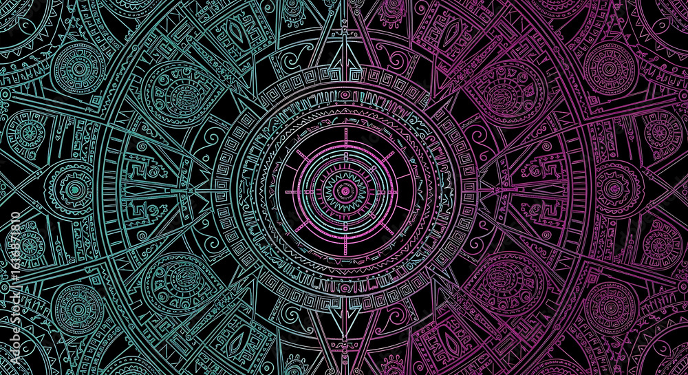Poster abstract circular design with intricate patterns, featuring a gradient of teal and magenta on a dark