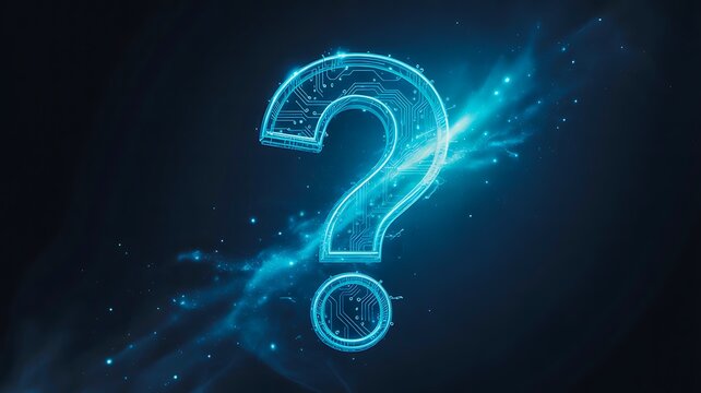 Futuristic glowing blue question mark on dark technology background symbolizing inquiry and innovation
