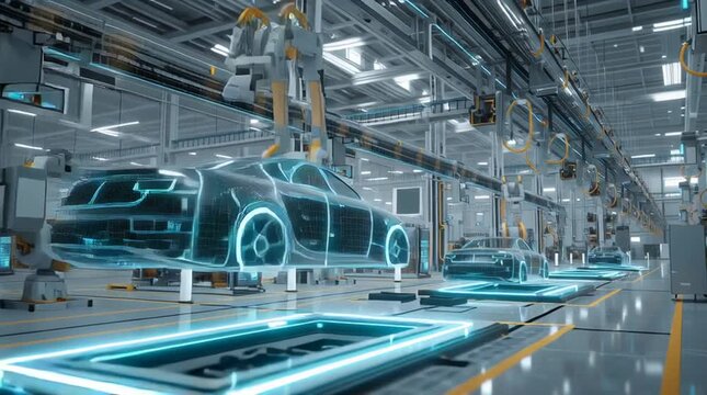 Advanced Manufacturing Visualization of a Smart Production System in a Futuristic Automotive Factory with Robotic Arms and Vehicle Frames