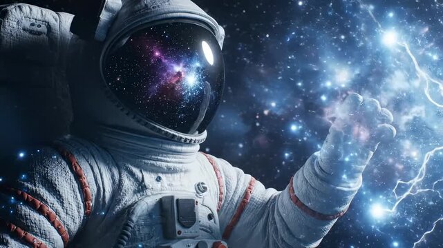 An astronaut gazes contemplatively into the vastness of space, with a galaxy reflected in their helmet visor, surrounded by twinkling stars and cosmic phenomena, evoking wonder and exploration