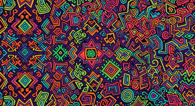Vibrant, colorful abstract pattern featuring geometric shapes, swirls, and tribal-inspired designs on a dark background.