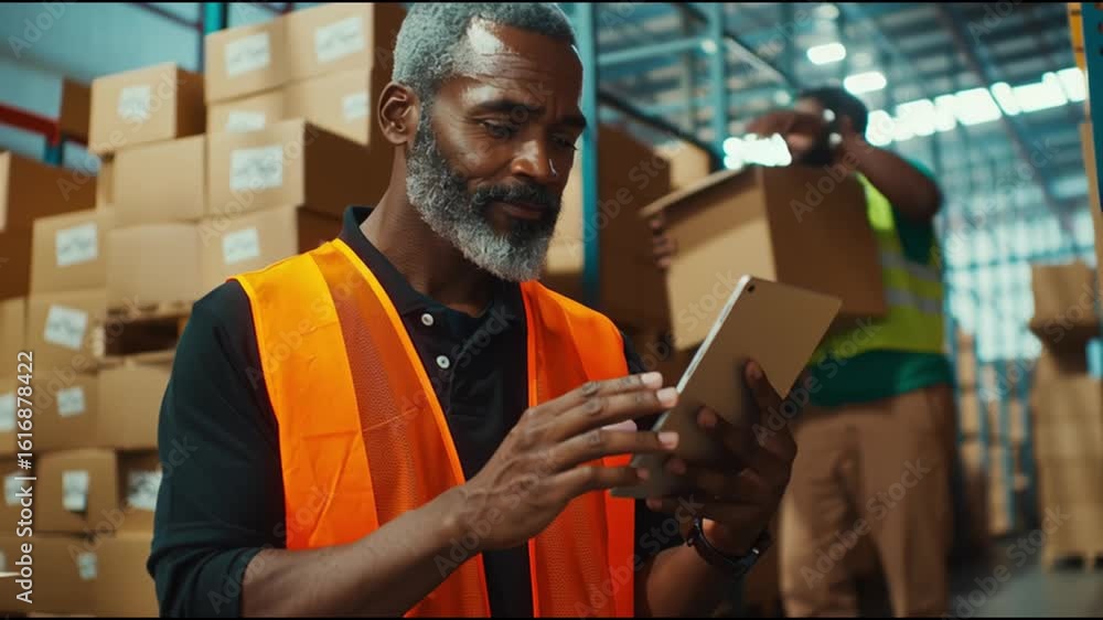 Poster warehouse worker assessing inventory in a busy distribution center during day shift
