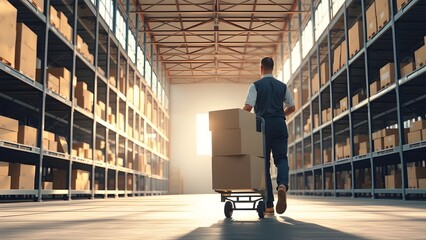 Warehouse Worker Moving Cart in Storage Facility