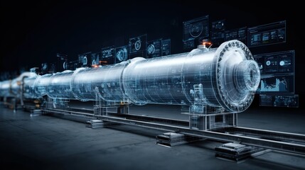 Futuristic pipelines transporting gaseous co2 into a fermenter, creating a clean and efficient transfer system for bioplastic production with holographic real time data displays