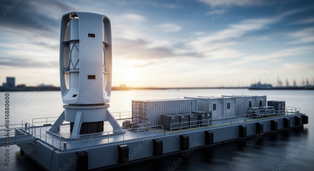 Poster verticalaxis windturbine nacelle integrated on a modular dock with containerized storage and mainten
