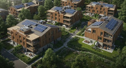 Obraz premium Sustainable living harmonious eco-community nestled among verdant trees with modern timber homes