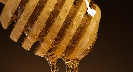 Wooden honey dipper dripping golden nectar showcasing natural sweetness and golden hues