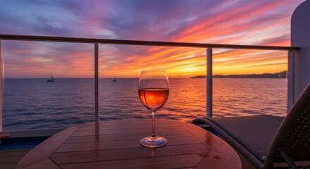Wine glass silhouette against a vibrant ocean sunset from a peaceful cruise balcony