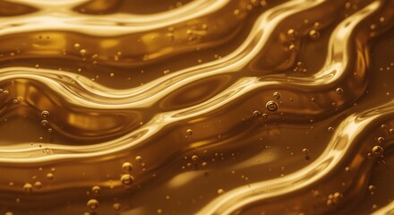 Abstract golden fluid motion with trapped air bubbles, creating a viscous texture