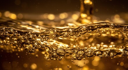 Captivating close-up of golden liquid surface shimmering with numerous bubbles and intricate wave