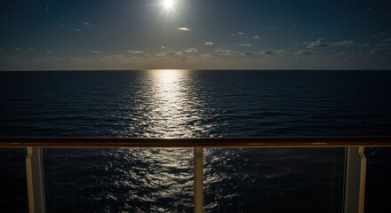 Celestial reflections: Tranquil oceanic vista from a cruise ship deck at night